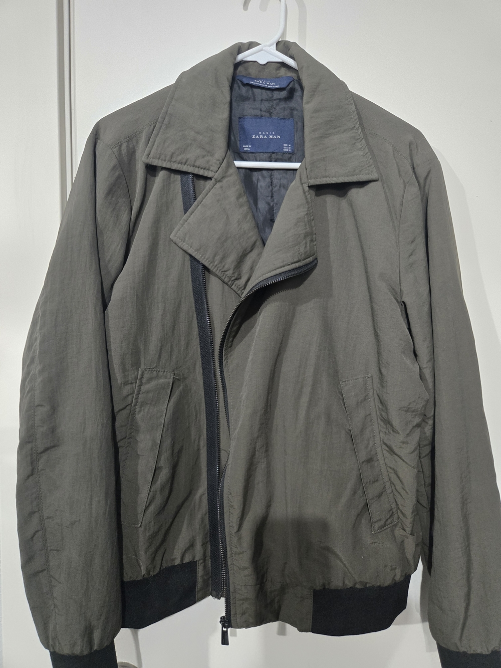 Zara Men's Olive Bomber Jacket with Asymmetric Zip